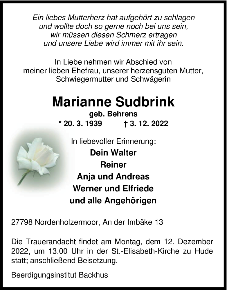  Traueranzeige für Marianne Sudbrink vom 06.12.2022 aus Nordwest-Zeitung