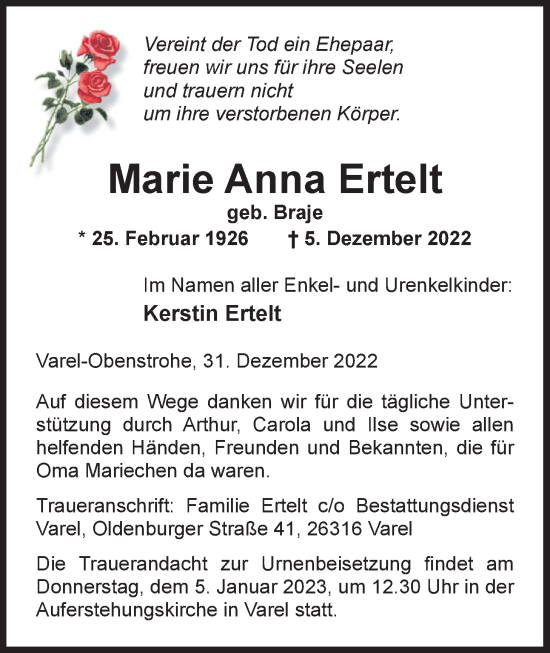Traueranzeige von Marie Anna Ertelt von Nordwest-Zeitung