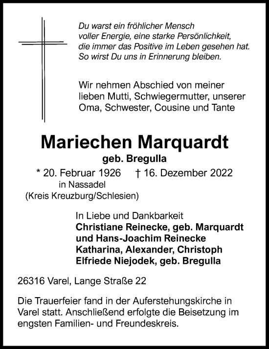 Traueranzeige von Mariechen Marquardt von Nordwest-Zeitung