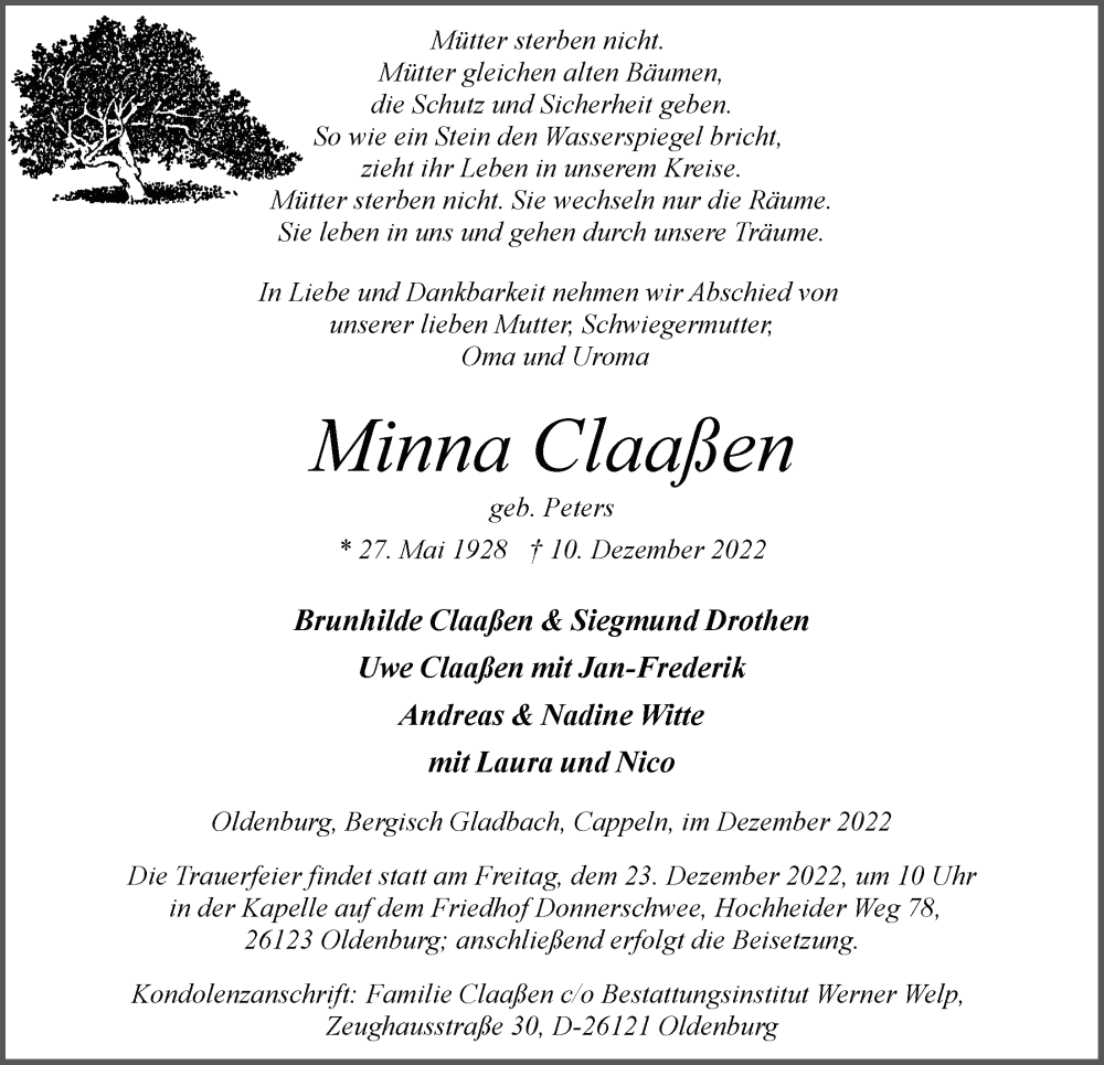  Traueranzeige für Minna Claaßen vom 17.12.2022 aus Nordwest-Zeitung