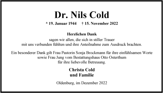 Traueranzeige von Nils Cold von Nordwest-Zeitung