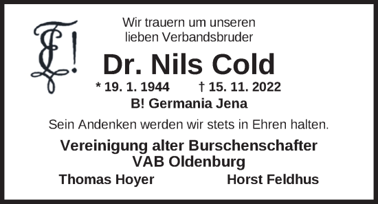 Traueranzeige von Nils Cold von Nordwest-Zeitung