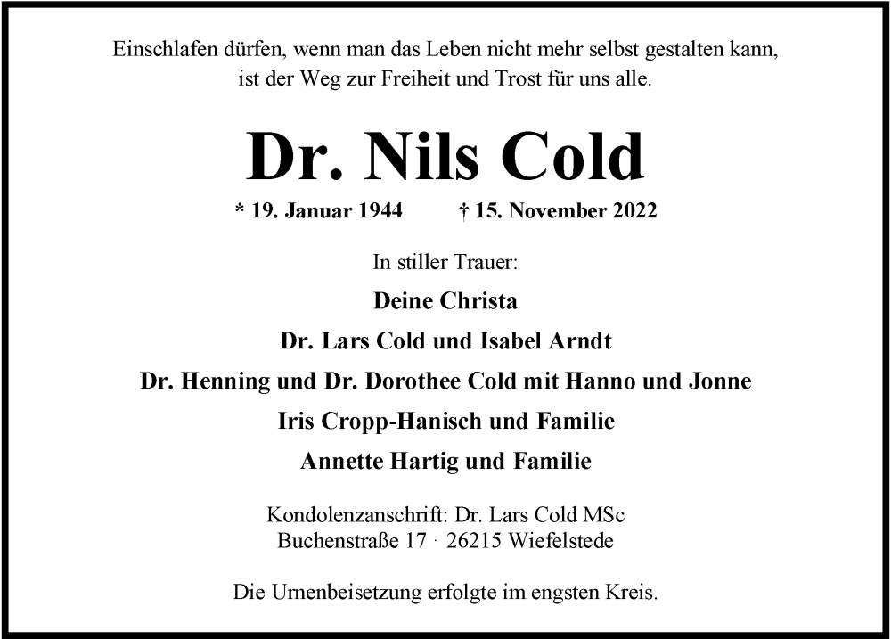 Traueranzeige für Nils Cold vom 03.12.2022 aus Nordwest-Zeitung