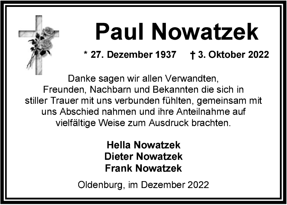  Traueranzeige für Paul Nowatzek vom 03.12.2022 aus Nordwest-Zeitung