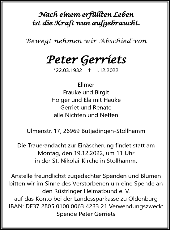 Traueranzeige von Peter Gerriets von Nordwest-Zeitung