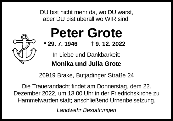 Traueranzeige von Peter Grote von Nordwest-Zeitung