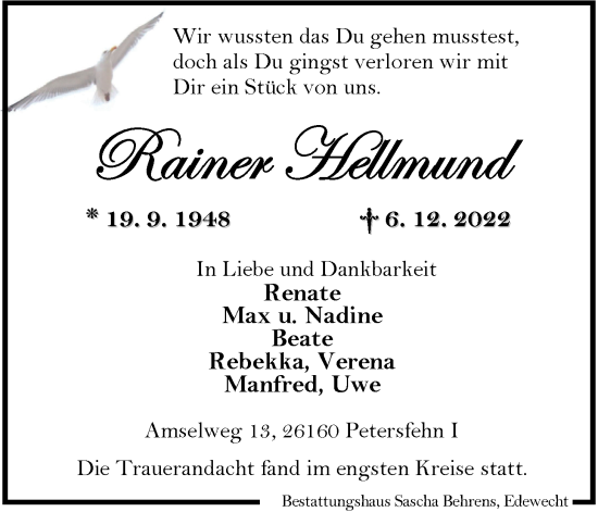 Traueranzeige von Rainer Hellmund von Nordwest-Zeitung