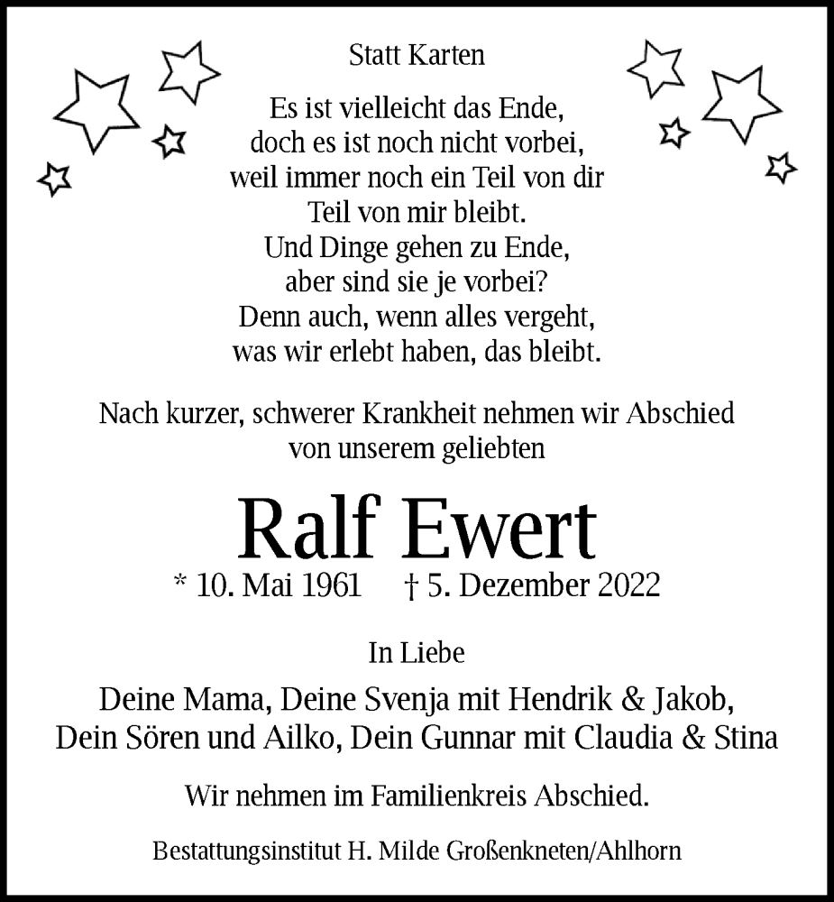  Traueranzeige für Ralf Ewert vom 08.12.2022 aus Nordwest-Zeitung