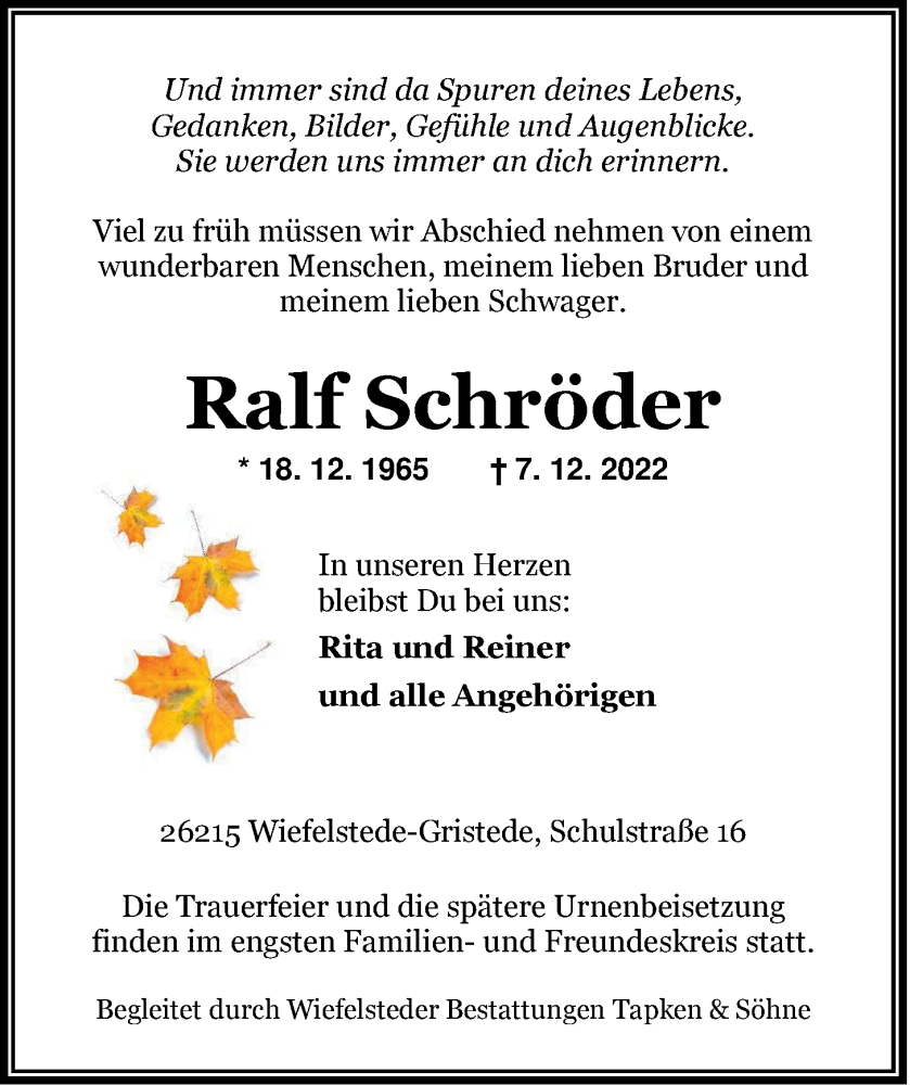  Traueranzeige für Ralf Schröder vom 10.12.2022 aus Nordwest-Zeitung