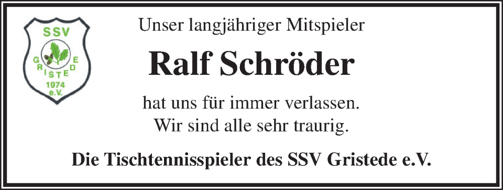  Traueranzeige für Ralf Schröder vom 10.12.2022 aus Nordwest-Zeitung