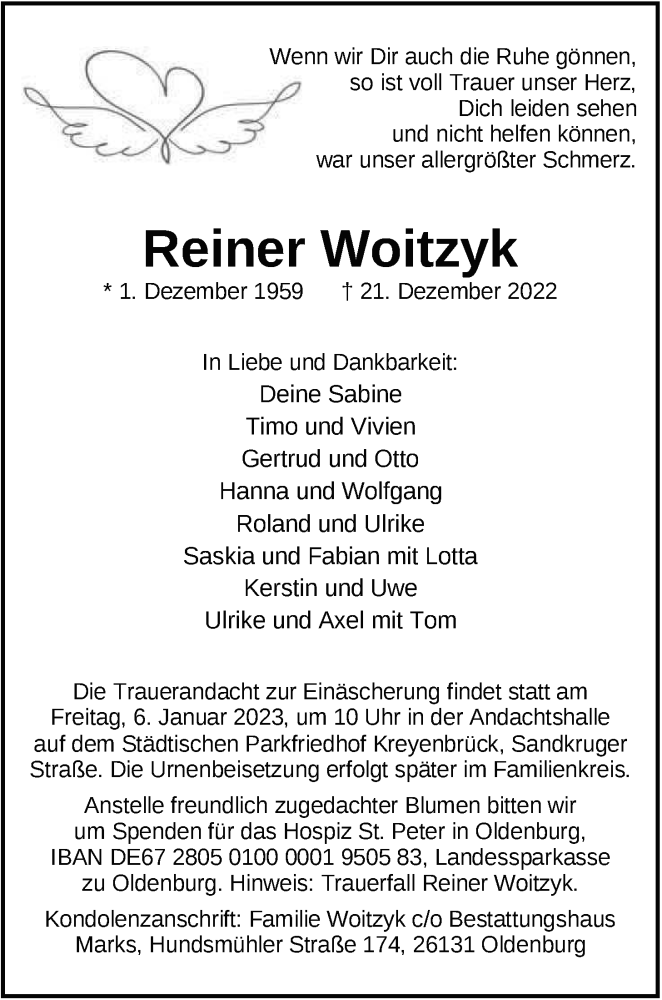  Traueranzeige für Reiner Woitzyk vom 28.12.2022 aus Nordwest-Zeitung