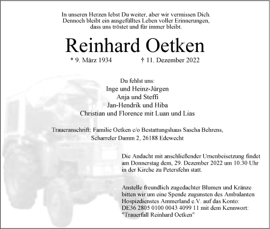 Traueranzeige von Reinhard Oetken von Nordwest-Zeitung