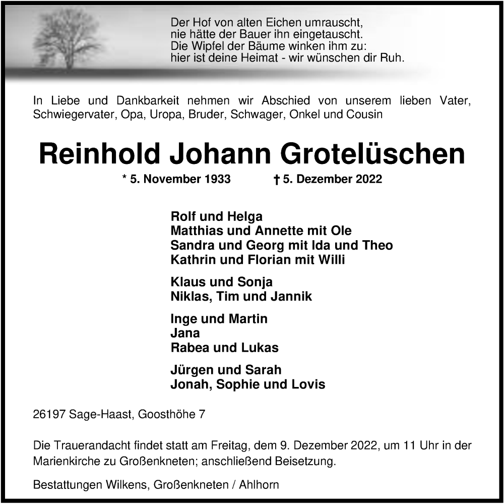  Traueranzeige für Reinhold Johann Grotelüschen vom 07.12.2022 aus Nordwest-Zeitung