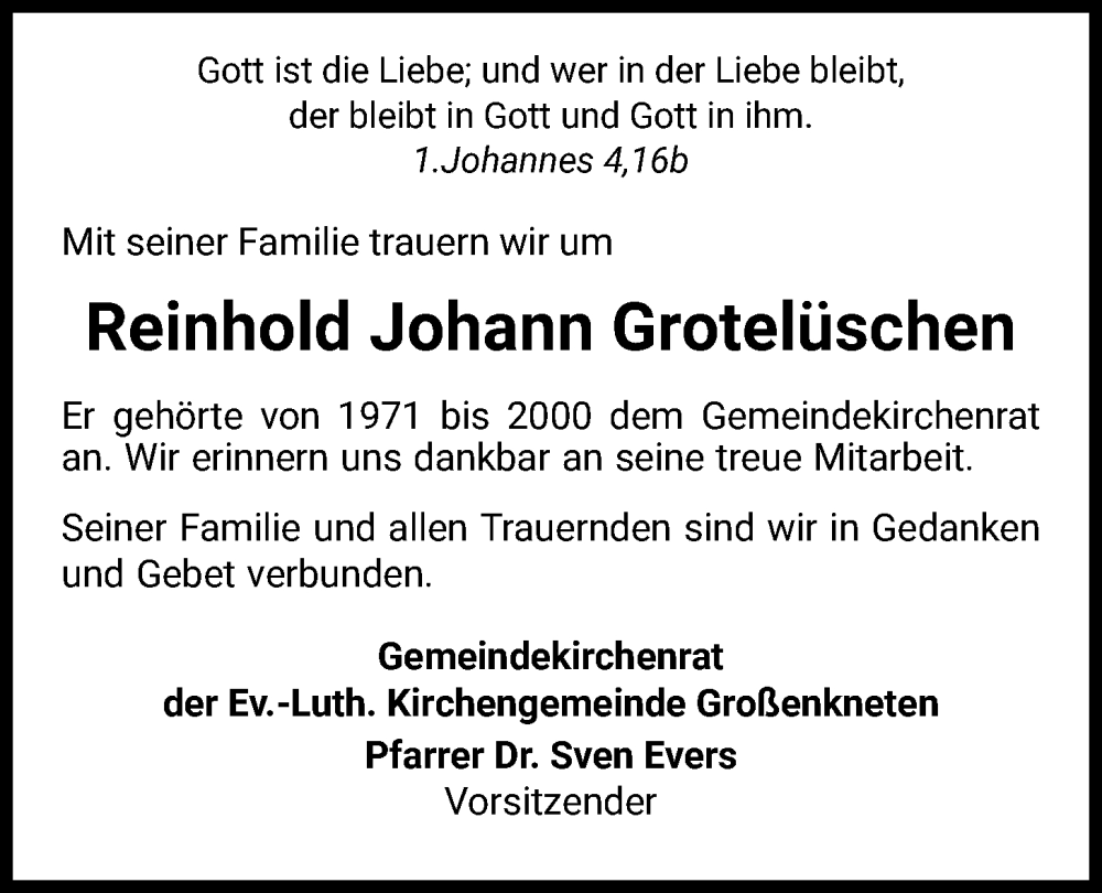  Traueranzeige für Reinhold Johann Grotelüschen vom 10.12.2022 aus Nordwest-Zeitung