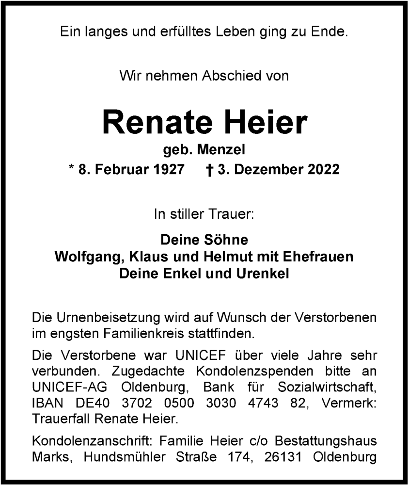  Traueranzeige für Renate Heier vom 14.12.2022 aus Nordwest-Zeitung