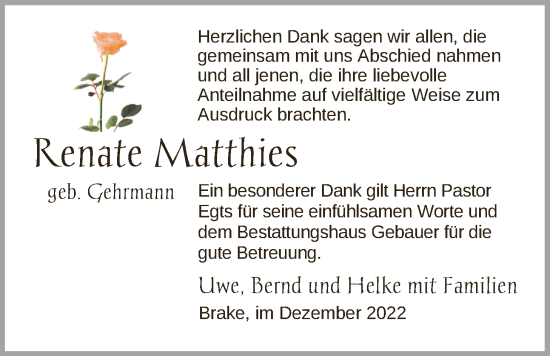 Traueranzeige von Renate Matthies von Nordwest-Zeitung