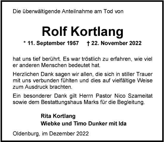 Traueranzeige von Rolf Kortlang von Nordwest-Zeitung