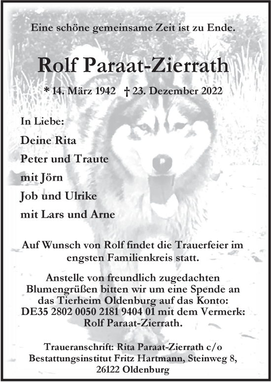 Traueranzeige von Rolf Paraat-Zierrath von Nordwest-Zeitung