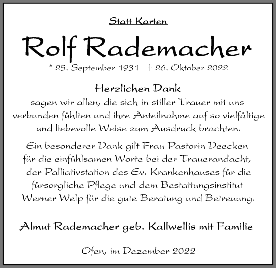 Traueranzeige von Rolf Rademacher von Nordwest-Zeitung