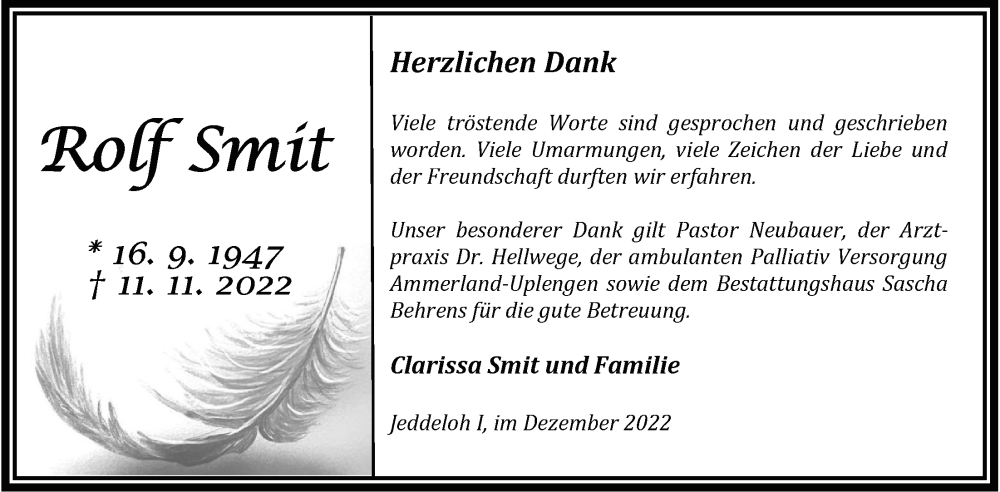  Traueranzeige für Rolf Smit vom 29.12.2022 aus Nordwest-Zeitung