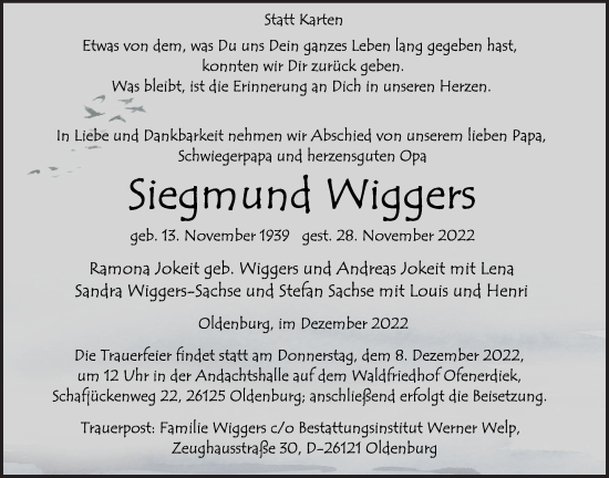 Traueranzeige von Siegmund Wiggers von Nordwest-Zeitung