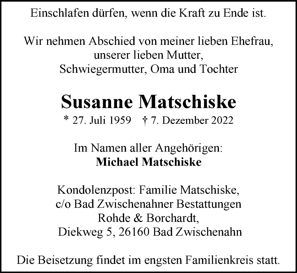  Traueranzeige für Susanne Matschiske vom 17.12.2022 aus Nordwest-Zeitung