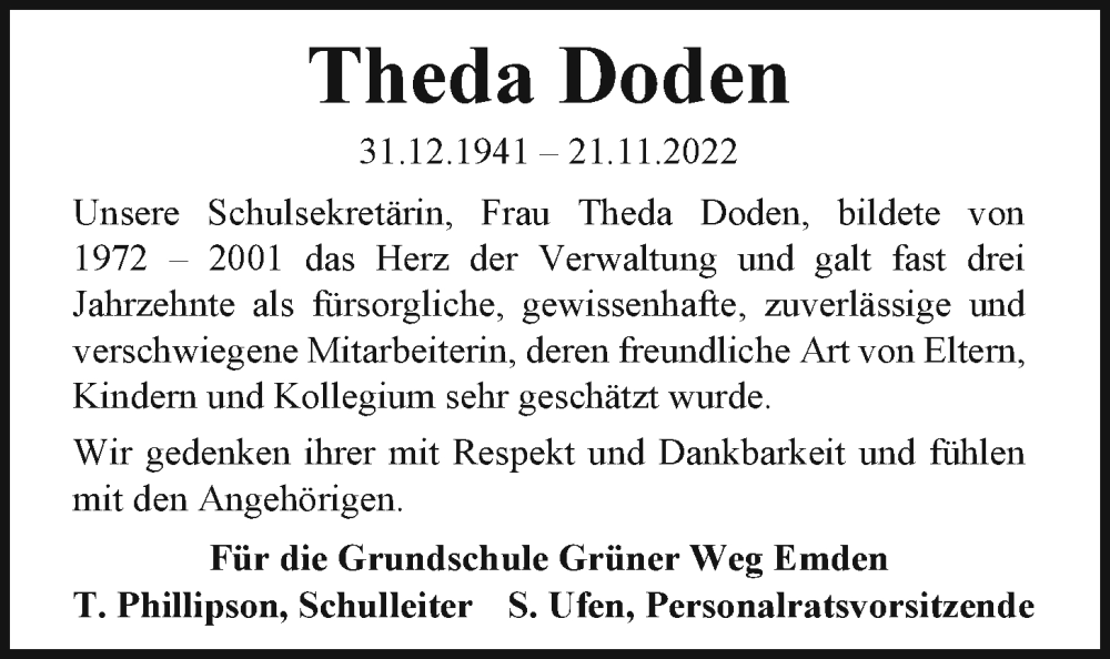  Traueranzeige für Theda Doden vom 02.12.2022 aus Emder Zeitung