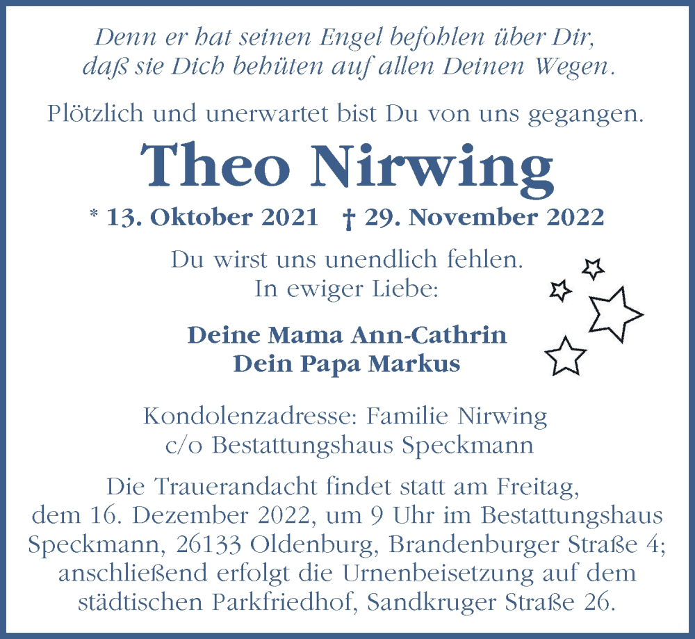  Traueranzeige für Theo Nirwing vom 10.12.2022 aus Nordwest-Zeitung
