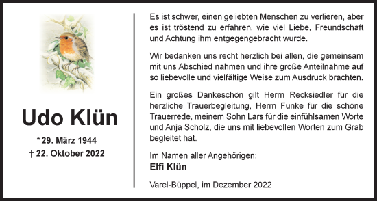 Traueranzeige von Udo Klün von Nordwest-Zeitung