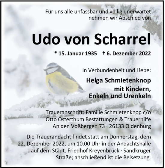 Traueranzeige von Udo von Scharrel von Nordwest-Zeitung