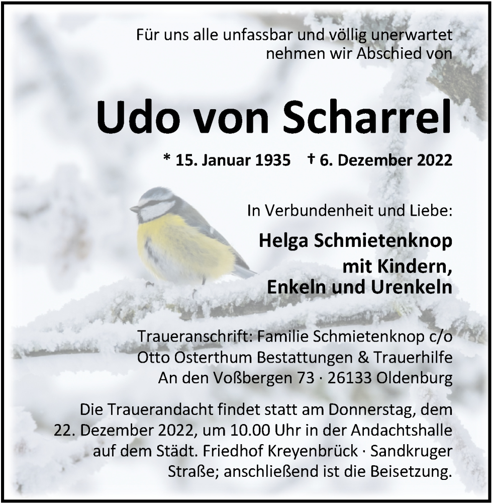  Traueranzeige für Udo von Scharrel vom 16.12.2022 aus Nordwest-Zeitung