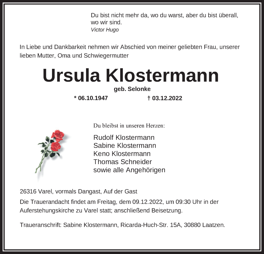  Traueranzeige für Ursula Klostermann vom 07.12.2022 aus Nordwest-Zeitung