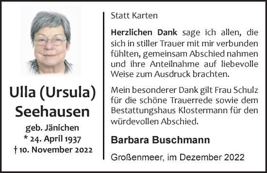 Traueranzeige von Ursula Seehausen von Nordwest-Zeitung