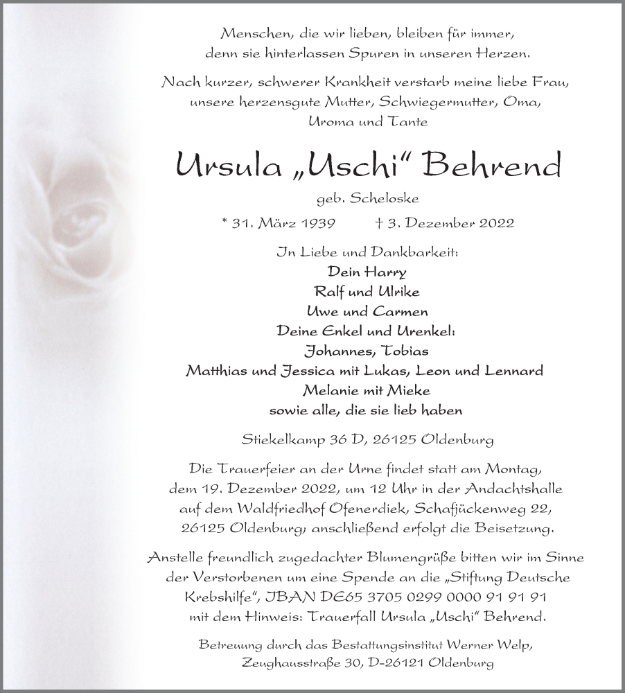 Traueranzeige für Ursula Uschi Behrend vom 09.12.2022 aus Nordwest-Zeitung