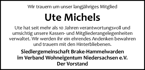 Traueranzeige von Ute Michels von Nordwest-Zeitung