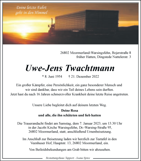 Traueranzeige von Uwe-Jens Twachtmann von Nordwest-Zeitung