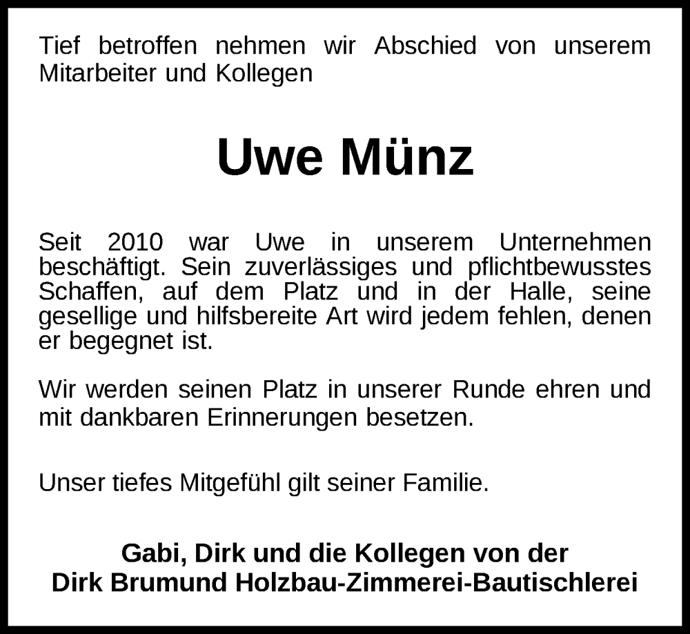  Traueranzeige für Uwe Münz vom 20.12.2022 aus Nordwest-Zeitung