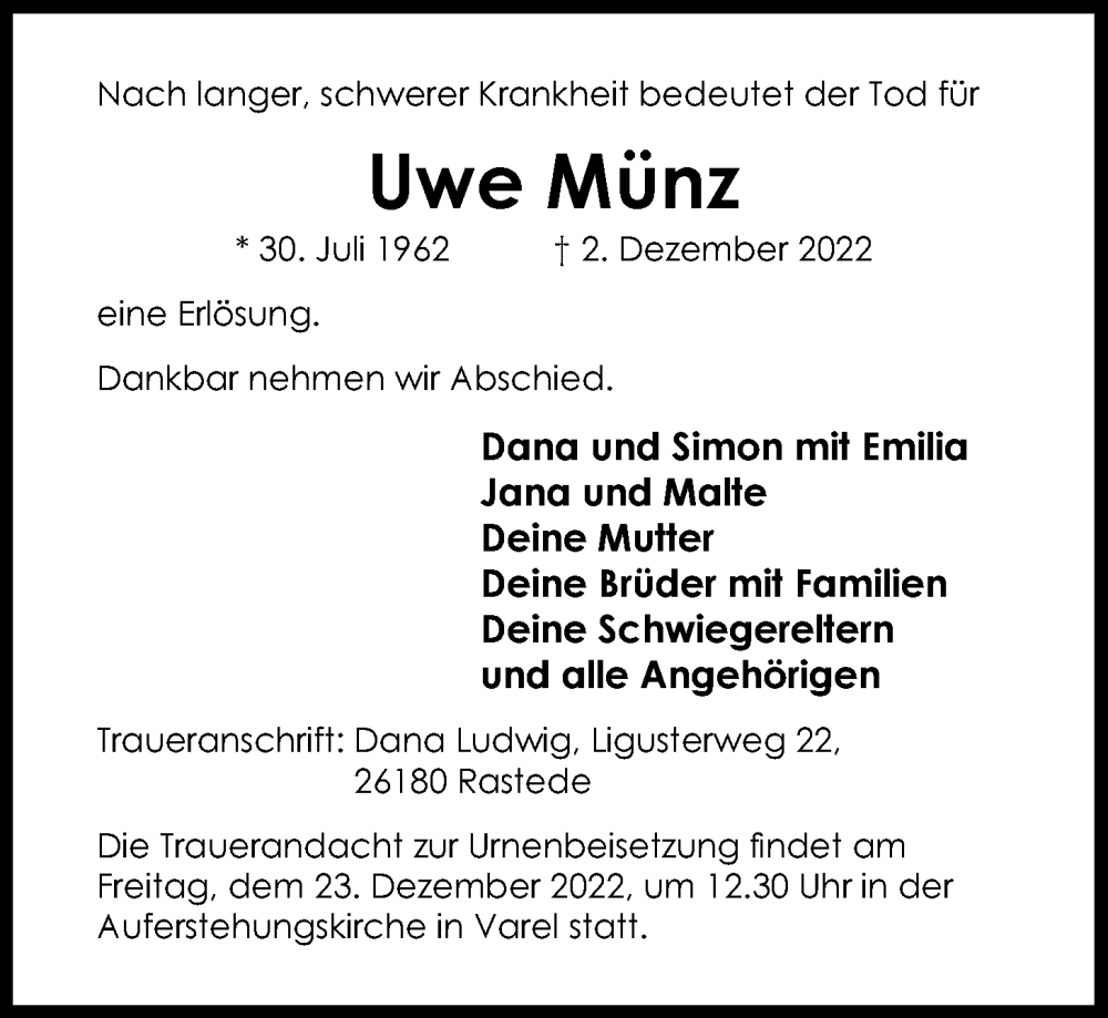  Traueranzeige für Uwe Münz vom 20.12.2022 aus Nordwest-Zeitung
