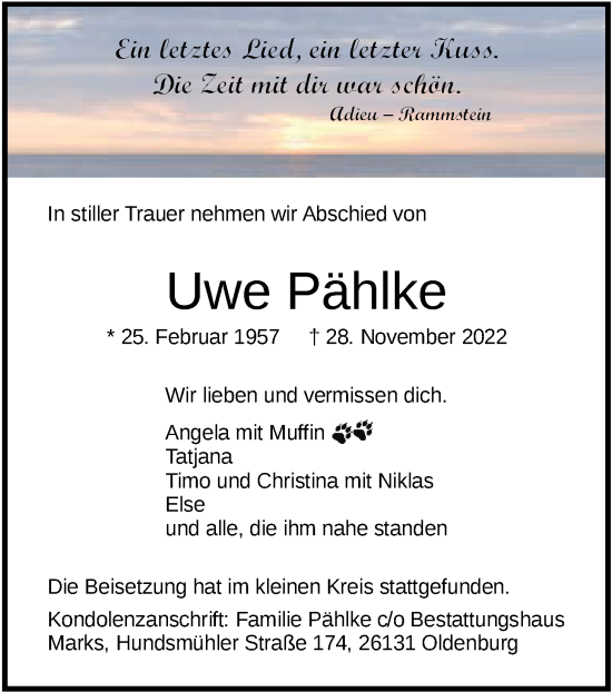Traueranzeige von Uwe Pählke von Nordwest-Zeitung