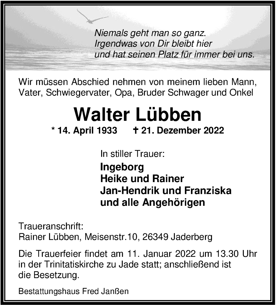  Traueranzeige für Walter Lübben vom 27.12.2022 aus Nordwest-Zeitung