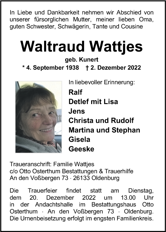 Traueranzeige von Waltraud Wattjes von Nordwest-Zeitung