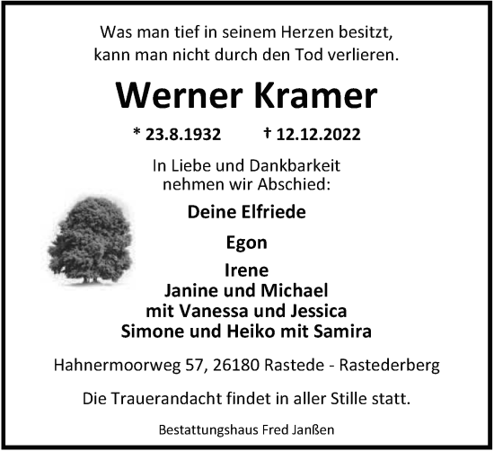 Traueranzeige von Werner Kramer von Nordwest-Zeitung
