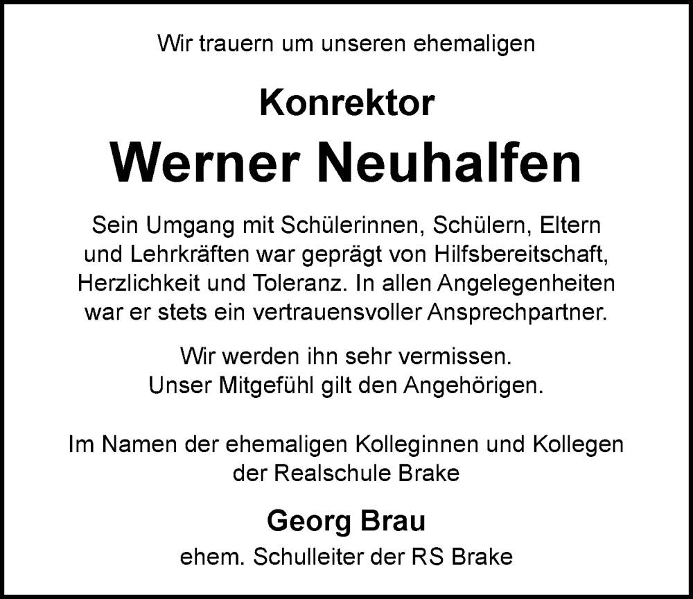  Traueranzeige für Werner Neuhalfen vom 28.12.2022 aus Nordwest-Zeitung