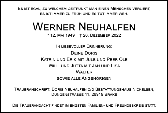 Traueranzeige von Werner Neuhalfen von Nordwest-Zeitung