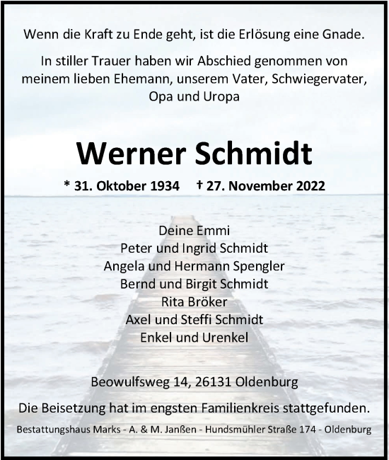 Traueranzeige von Werner Schmidt von Nordwest-Zeitung
