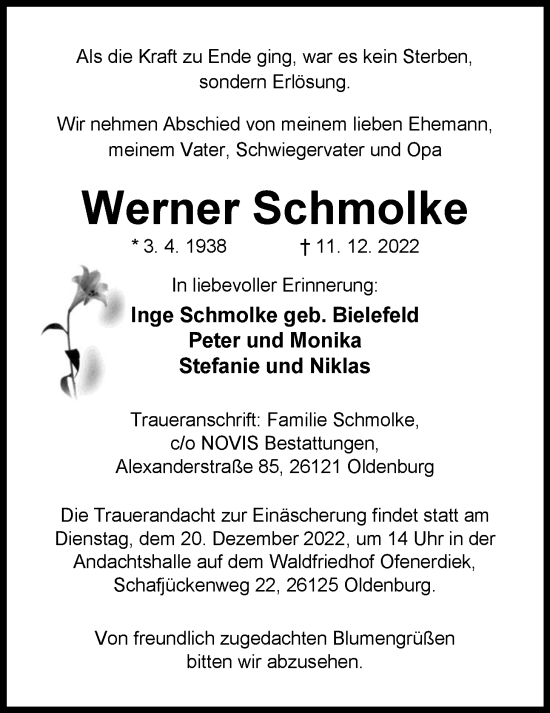 Traueranzeige von Werner Schmolke von Nordwest-Zeitung