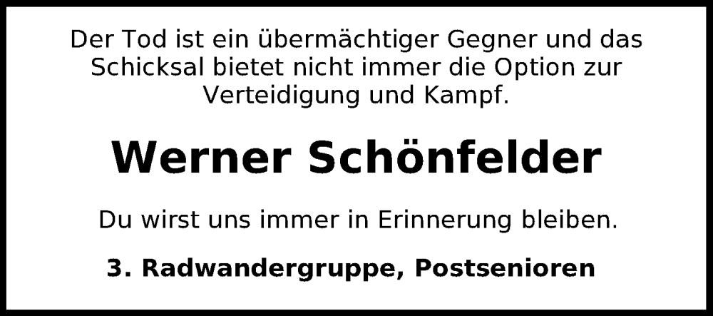  Traueranzeige für Werner Schönfelder vom 09.12.2022 aus Nordwest-Zeitung