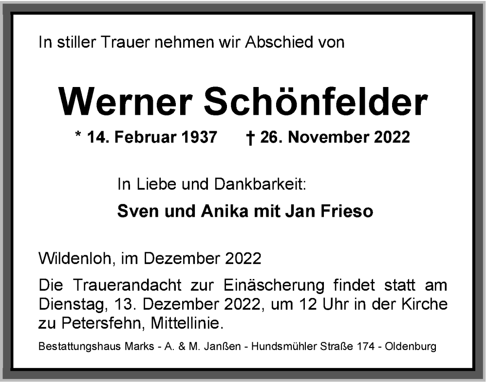  Traueranzeige für Werner Schönfelder vom 07.12.2022 aus Nordwest-Zeitung