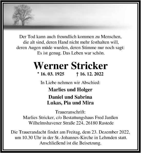 Traueranzeige von Werner Stricker von Nordwest-Zeitung
