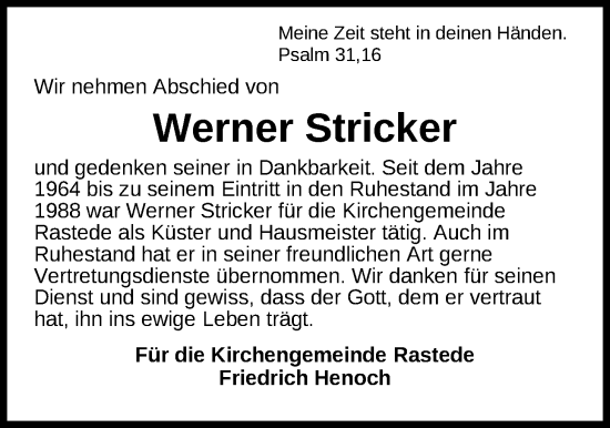 Traueranzeige von Werner Stricker von Nordwest-Zeitung
